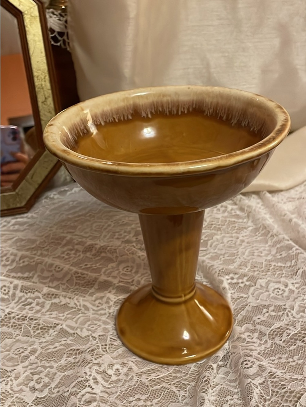 Handcrafted Ceramic Pedestal Bowl in Amber Brown